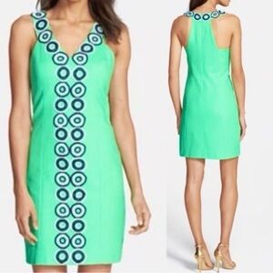 Lilly Pulitzer Sz 2 Trudy Shift Dress Go Go Green Navy Blue White Crochet Lace